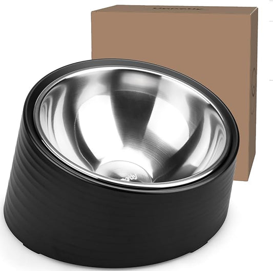 Tilted Angle Dog Bowl, 15° Slanted Stainless Steel Dog Cat Food Bowl, Non-Slip & Non-Spill Pet Feeder with Elevated Detachable Melamine Stand, Easy to Get Food Dish, Large 2 Cup Black