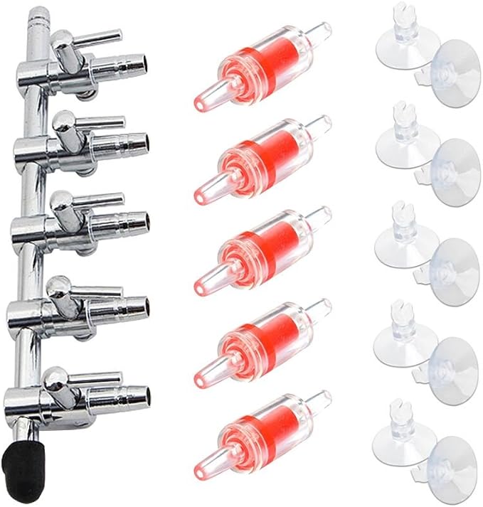 Aquarium Air Pump Splitter 16 in 1 Set 5-Way Air Flow Control Lever Valve & 5 Non-Return Check Valves & 10 Suction Cups for Fish Tank Airline Air Tube Hose