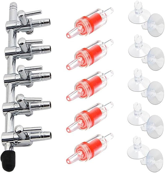 Aquarium Air Pump Splitter 16 in 1 Set 5-Way Air Flow Control Lever Valve & 5 Non-Return Check Valves & 10 Suction Cups for Fish Tank Airline Air Tube Hose
