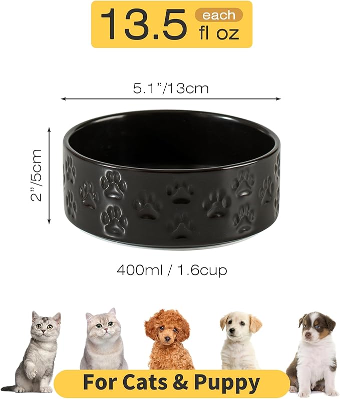 5.1" Non-Slip Ceramic 2 - Piece Dog Bowl Set for Toy Breed Dogs - Food and Water Bowls for Puppy, Pet Dishes for Cats, Kitty (Double Bowls - Black, 5.1 inch)