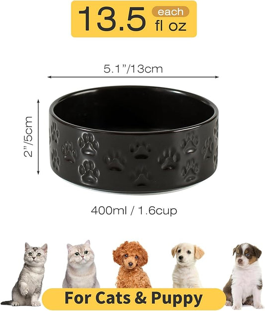 5.1" Non-Slip Ceramic 2 - Piece Dog Bowl Set for Toy Breed Dogs - Food and Water Bowls for Puppy, Pet Dishes for Cats, Kitty (Double Bowls - Black, 5.1 inch)