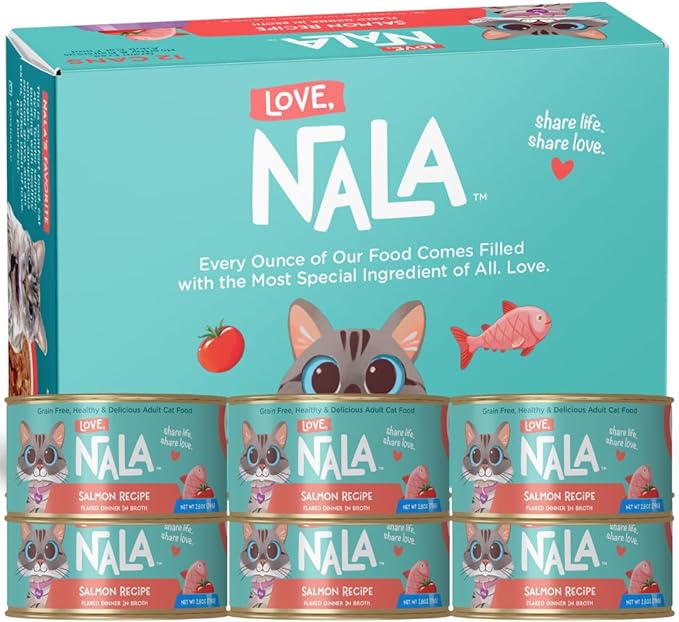 LOVE, NALA - Natural Adult Cat Wet Food - FLAKED Salmon in Broth - Grain Free, Non-GMO, Lean Protein with Omega 3, Added Minerals & Vitamins - 12 Pack, 2.4 lbs.