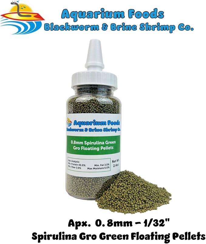 Aquatic Foods Inc. 0.8mm Micro Spirulina Green GRO Floating Pellets for Guppies, Tetras, Bettas, Nano Fish, All Baby Fish…2.4oz Squeeze Bottle
