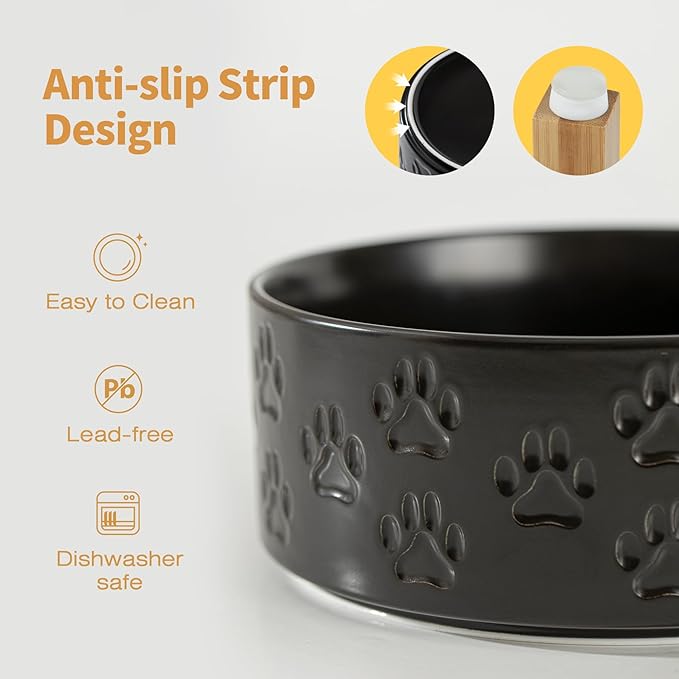 7.3" Raised Ceramic Pet Bowl Set, 2 Non-Slip Dog Dishes with Stand, Elevated Food & Water Bowls for Medium Breed Dogs, Protects Cervical Spine (Double Bowls + Stand - Black, 7.3 inch)