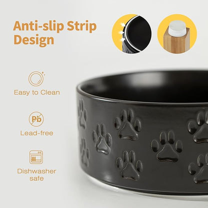 7.3" Raised Ceramic Pet Bowl Set, 2 Non-Slip Dog Dishes with Stand, Elevated Food & Water Bowls for Medium Breed Dogs, Protects Cervical Spine (Double Bowls + Stand - Black, 7.3 inch)