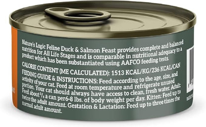 Nature's Logic Wet Can Cat Food - Feline Duck & Salmon Feast 95% Animal Ingredients - No Synthetic Vitamins, Minerals or Artificial Additives, 100% Natural, Grain-Free- Duck & Salmon (5.5 oz, 24 pack)