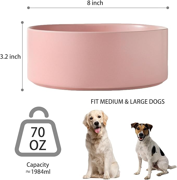 8'' Ceramic Dog Bowl - 70Oz Classic Dogs Food & Water Bowl for Medium and Large Breeds, Heavy-Duty Non-Slip Dog Dish, Food Grade Stoneware Pet Bowl, Dishwasher & Microwave Safe, Pink