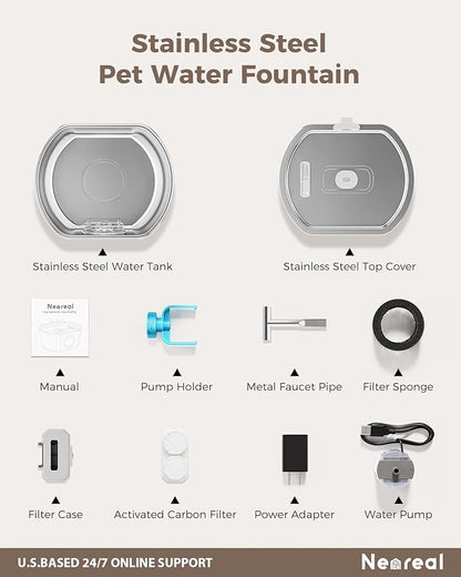 Cat Water Fountain Stainless Steel - Pet Drinking Fountain for Cats Indoor - 3.2L/108oz Automatic Water Dispenser with Watering Level Window (1 Filter)