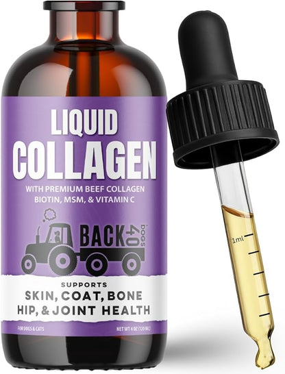 Back 40 Dogs Premium Grass-Fed Liquid Collagen for Dogs Skin and Coat, HIPS and Joints | Allergy Relief with Biotin, Vitamin C and MSM for Joint, Nails & Immunity | Made in USA