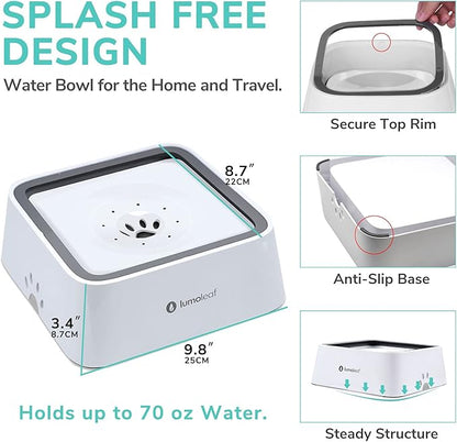 LumoLeaf No Spill Water Bowl for Dogs with Filter, 70oz/2L, Slow Feeder for Messy Drinkers, Drip-Free & Splash-Proof Design (White 70 fl oz)