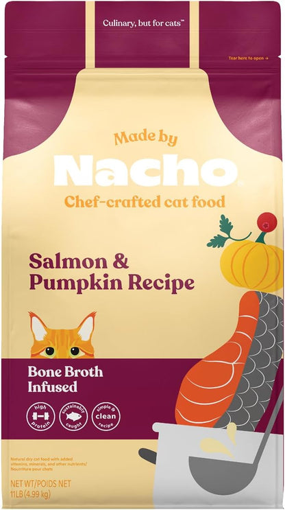 Made by Nacho Dry Cat Kibble 11lb Bag, High Protein and Grain-Friendly Premium Cat Food, Sustainably Caught Salmon and Pumpkin, Infused with Bone Broth for Hydration, Limited Ingredients, Single Bag