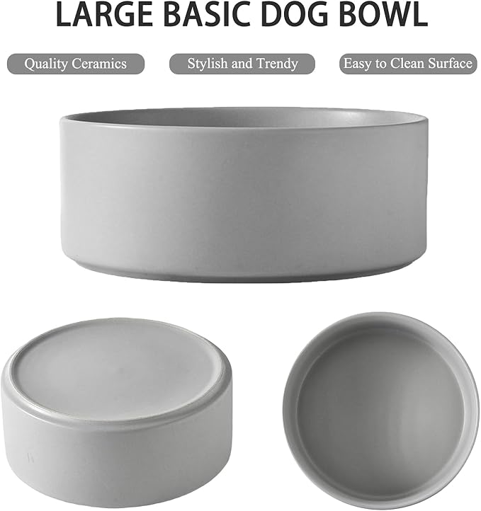 8'' Ceramic Raised Dog Bowl - 70Oz Dog Food & Water Bowl with Elevated Non-Slip Bamboo Stand, Dishwasher & Microwave Safe, Anti Vomiting Heavy Duty Pet Bowl for Medium and Large Dogs, Grey