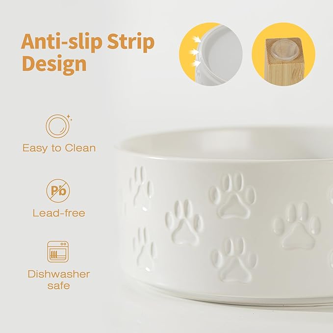 5.1" Raised Ceramic Dog Bowl Set, Two Dog Dishes with 2-Height Stand, Elevated Food & Water Bowls for Cats, Puppies, Non-Slip, 13.5 OZ, Dishwasher Safe (Double Bowls + Stand - White, 5.1 inch)