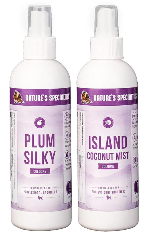 Nature's Specialties Dog Cologone 8 oz. Bundle - Plum Silky Cologne, Sweet Plum Scent, Ready to Use, Finishing Spray + Island Coconut Mist Cologne, Pina Coloda Scent, Ready to Use, Finishing Spray