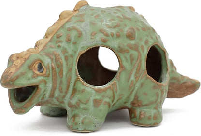 Aquarium Ceramic Decorations Hideout, Cut Ceramic Dinosaurs Cave Rock for Cichlids, Betta Tank Decor