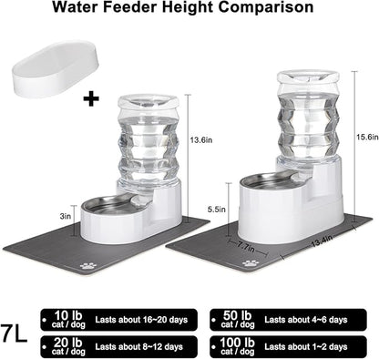 RIZZARI Pet Waterer Gravity Dispenser: White 7L Raised Bowl Feeder - Stainless Steel Anti-Leak Design - for Cats/Dogs Travel