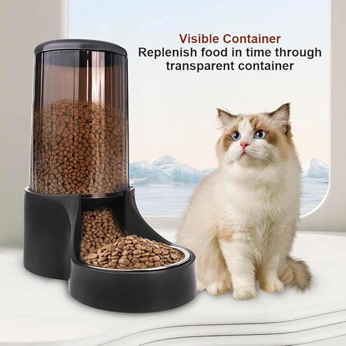 Automatic Cat Feeder, 3.8L Large Gravity Cat Food Dispenser with Detachable Top Lid, Visible Bottle and Stainless Steel Bowl for Pets (Full Black)