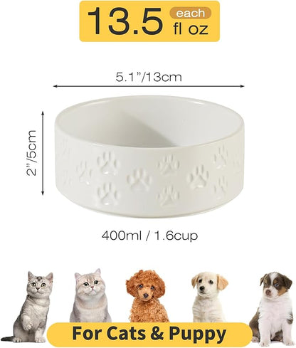 5.1" Non-Slip Ceramic 2 - Piece Dog Bowl Set for Toy Breed Dogs - Food and Water Bowls for Puppy, Pet Dishes for Cats, Kitty (Double Bowls - White, 5.1 inch)