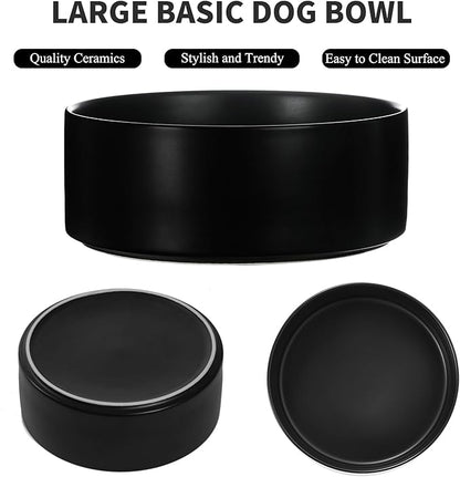 8'' Ceramic Dog Bowl - 70Oz, Heavy Duty, Non-Slip, Dishwasher Safe, Modern Style, Food Grade Stoneware Pet Bowl, Black