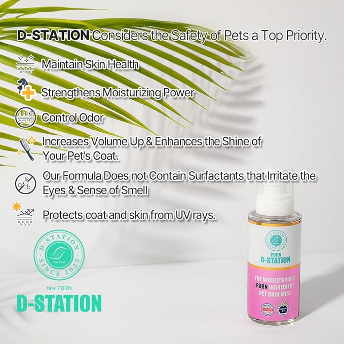 D-STATION PDRN Pet Skin Care Mist Spray – Anti-Static, Deodorizing, Moisturizing, Itch Relief & Nourishes Skin & Coat for Dogs & Cats (5.07 oz)