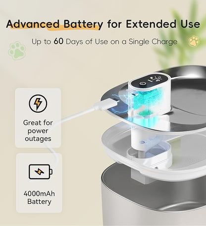 Cat Water Fountain Stainless Steel, 138fl.oz / 4.1L Wireless Cat Fountain, Pet Water Dispenser Cordless for Cats & Dogs Indoor