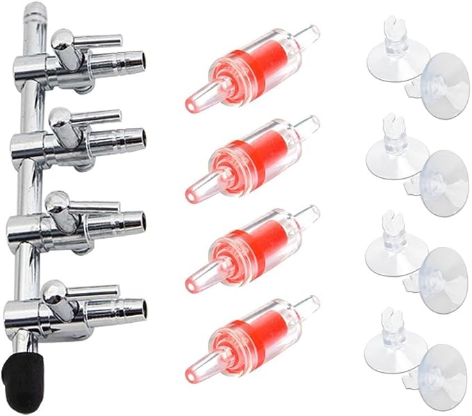 Aquarium Air Pump Splitter 13 in 1 Set 4-Way Air Flow Control Lever Valve & 4 Non-Return Check Valves & 8 Suction Cups for Fish Tank Airline Air Tube Hose