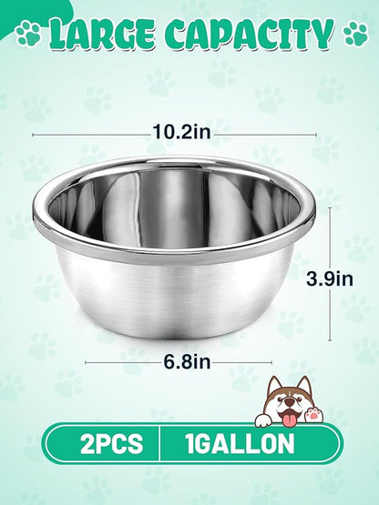 2 Pcs 1 Gallon Large Dog Bowls - Food Grade Stainless Steel Metal Water Bowls, Easy to Clean Food Bowl for Medium Large Dogs Indoor Outdoor