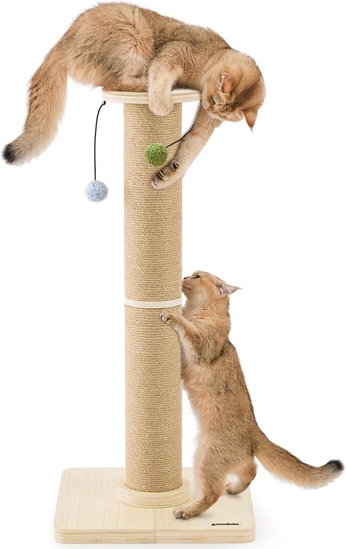 35'' Tall Cat Scratching Post, 4.7'' Large Scratch Post with Thicken Wooden Base for Indoor Cats Adults, Sisal Scratcher Top & Dangling Balls, Super Sturdy