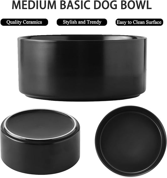 6'' Ceramic Raised Dog Bowl - 30Oz Dog Food & Water Bowl with Elevated Non-Slip Bamboo Stand, Dishwasher & Microwave Safe, Anti Vomiting Heavy Duty Pet Bowl for Small and Medium Dogs, Black
