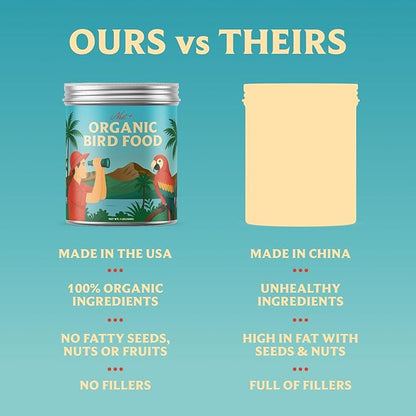 100% Organic Parrot Food – Premium Bird Seed Mix with Oat Groats, Buckwheat, Amaranth, Super Veggies & Seeds – Reusable Tin + Stainless-Steel Scooper – Made in USA, Human Grade Ingredients (1lb)