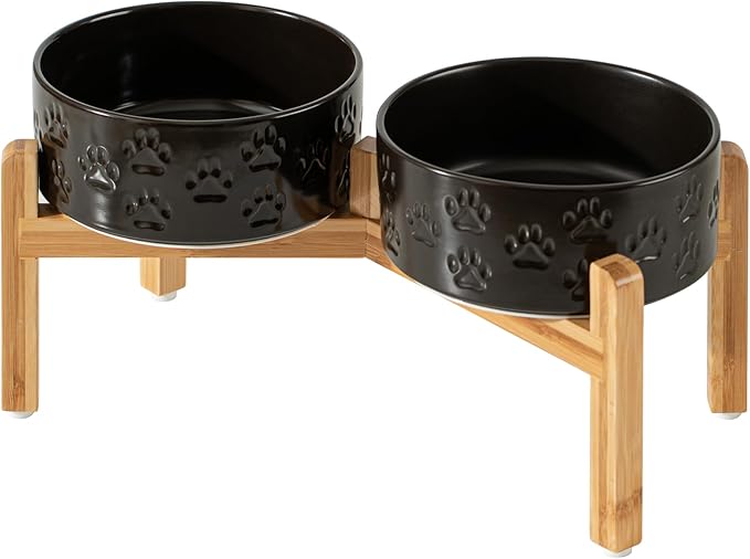 7.3" Raised Ceramic Pet Bowl Set, 2 Non-Slip Dog Dishes with Stand, Elevated Food & Water Bowls for Medium Breed Dogs, Protects Cervical Spine (Double Bowls + Stand - Black, 7.3 inch)