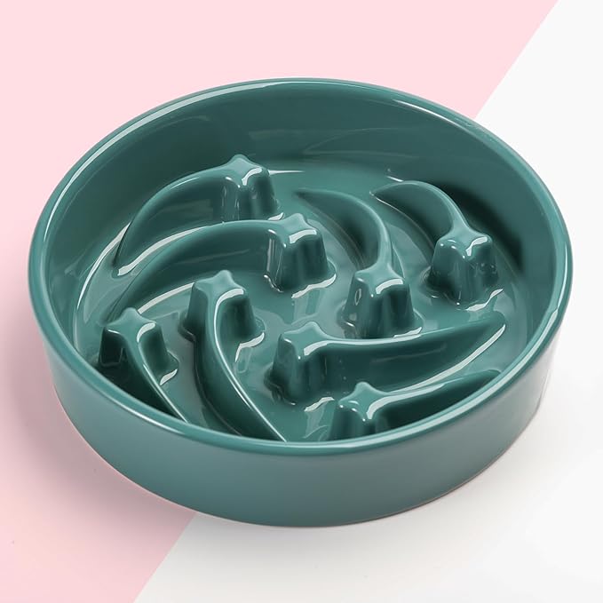 8.26 in Deep Green Dog Bowl Slow Feeder Ceramic for Medium and Large Breed,Slow Feeding Dog Food Water Dish Heavy Weighted,Puppy Dish for Fast Eaters,Puzzle Eating Bowl Meteor