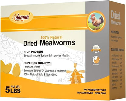 Adaman Dried Mealworms -5 LBS- 100% Natural High Protein Mealworms - Bulk Meal Worms for Blue Birds, Chickens, Ducks - Best Chicken Treats, Bird Food, Turtle Food