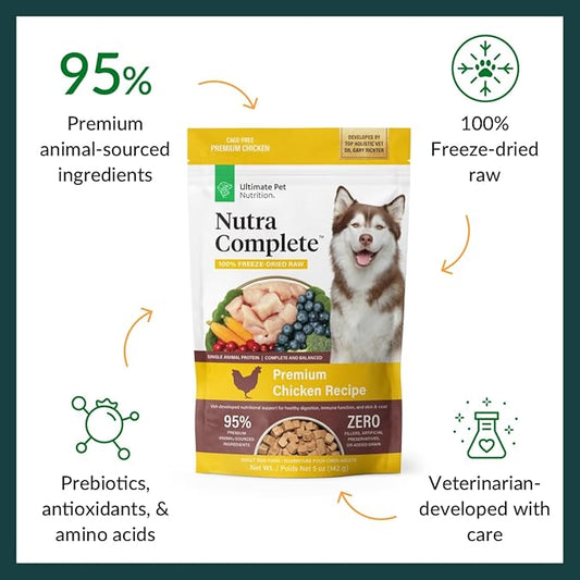 ULTIMATE PET NUTRITION Nutra Complete Freeze Dried Raw Dog Food, Veterinarian Formulated with Antioxidants, Prebiotics & Amino Acids (5 Ounce, Chicken)