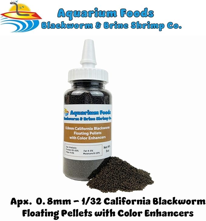 Aquatic Foods Inc. 0.8mm Micro California Blackworm Floating Pellets w/Color Enhancers & Vitamins for Guppies, Tetras, Bettas, Nano Fish, All Baby Fish…3oz Squeeze Bottle