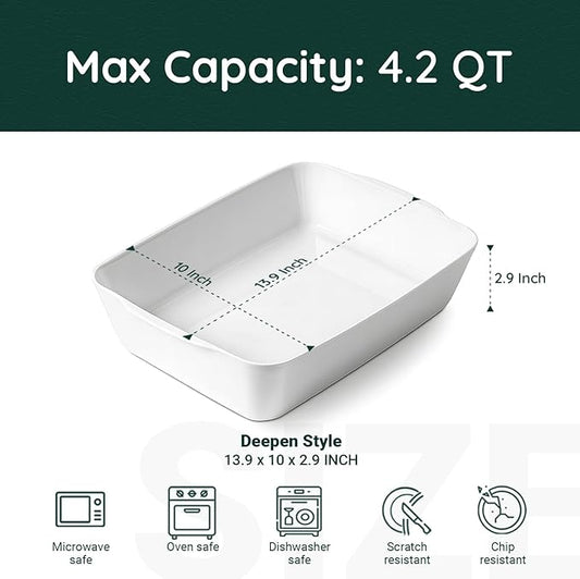 4.2 QT Deep Ceramic Baking Dish, White Casserole Dish, Lasagna Pan for Oven, Ceramic Baking Pan, Kitchen Decor, Microwave Oven Safe, Dinner, Wedding（10" x 13.9"）