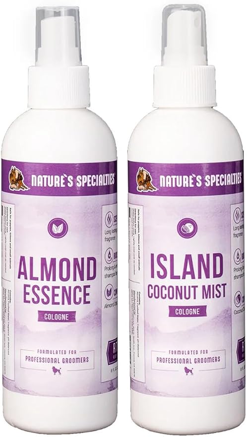Nature's Specialties Dog Cologone 8 oz. Bundle - Almond Essence Cologne, Almond Scent, Ready to Use, Finishing Spray + Island Coconut Mist, Pina Coloda Scent, Ready to Use, Finishing Spray