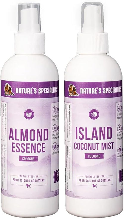 Nature's Specialties Dog Cologone 8 oz. Bundle - Almond Essence Cologne, Almond Scent, Ready to Use, Finishing Spray + Island Coconut Mist, Pina Coloda Scent, Ready to Use, Finishing Spray