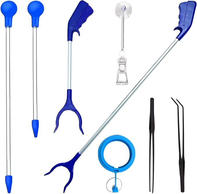 31.5Inch Long Coral Reef Grabber,Coral Feeder,Aquarium Veggie Feeder,Aquarium Food Clip Feeding(Long Reef Grabber and Coral Feeder Kits Never Rust), Blue