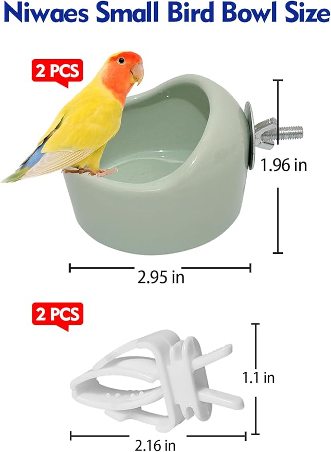 2PCS Birds Feeding Dish Cups Ceramic Bird Cage Food Bowls, Bird Cage Feeder Hanging Parrot Food Bowl for Budgie Finches Lovebirds Cockatiels (Green)
