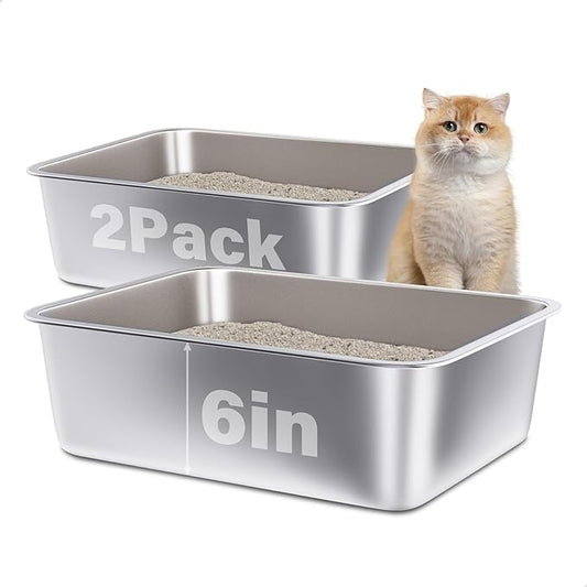 Stainless Steel Litter Box 2 Pack, Metal Litter Box for Cat, Easy Clean Non Stick Easy Entry No Smell Steel Litterbox for Kitty/Rabbit