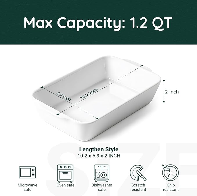 1.2 QT White Casserole Dish，Small Ceramic Baking Dish, Lasagna Pan for Oven, Bakeware for Baking, Kitchen Decor, Microwave Oven Safe, Dinner Party（5.9" x 10.2"）