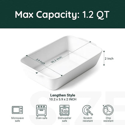 1.2 QT White Casserole Dish，Small Ceramic Baking Dish, Lasagna Pan for Oven, Bakeware for Baking, Kitchen Decor, Microwave Oven Safe, Dinner Party（5.9" x 10.2"）