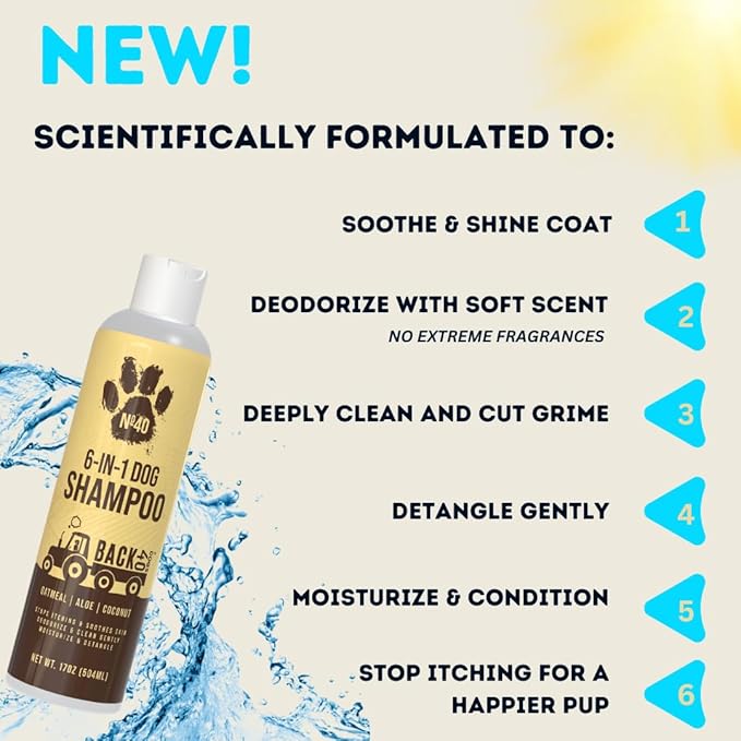 Back 40 Dogs Natural Pet Shampoo - No. 40 Premium 6 in 1 Oatmeal Shampoo for Dogs - Moisturize, Deodorize & Soothe Sensitive Skin - Coconut, Aloe & Almond Oil Dog Wash & Pet Care