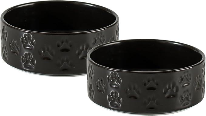 5.1" Non-Slip Ceramic 2 - Piece Dog Bowl Set for Toy Breed Dogs - Food and Water Bowls for Puppy, Pet Dishes for Cats, Kitty (Double Bowls - Black, 5.1 inch)