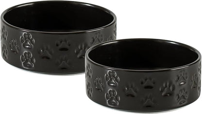 5.1" Non-Slip Ceramic 2 - Piece Dog Bowl Set for Toy Breed Dogs - Food and Water Bowls for Puppy, Pet Dishes for Cats, Kitty (Double Bowls - Black, 5.1 inch)