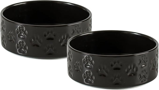 5.1" Non-Slip Ceramic 2 - Piece Dog Bowl Set for Toy Breed Dogs - Food and Water Bowls for Puppy, Pet Dishes for Cats, Kitty (Double Bowls - Black, 5.1 inch)