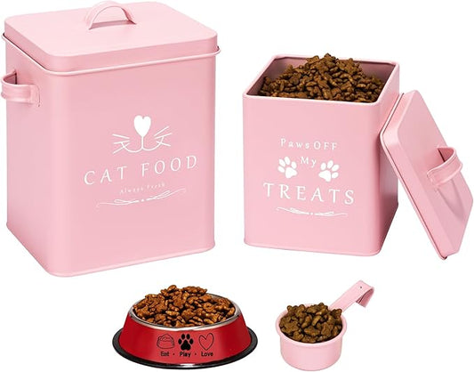 Meraki Home Farmhouse Cat Food and Treats Containers + Feed Scoop + Pet Food Bowl - Tight Lids - Large Metal Storage Bin - Great Gift for Cute Pets (Matte Pink)