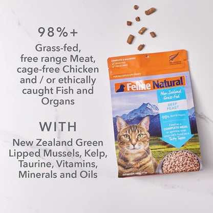 Feline Natural High Protein Dry Cat Food, Freeze-Dried Diet with 98% Meat, Organs & Seafood, No Peas, Grains, or Artificial Additives, Made in New Zealand, Chicken & Lamb, 11oz