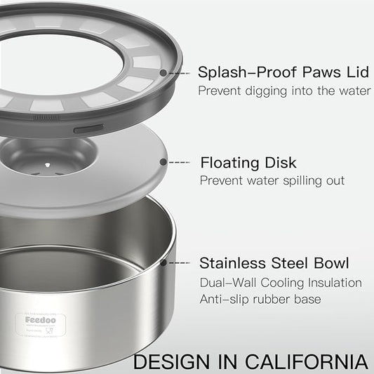 2L No Spill Water Bowl for Dogs, Double-Wall Stainless Steel with Splash-Proof Paws Lid and Floating Disk, Non-Slip Base, Easy to Clean Slow Water Feeder for Small Medium Dogs